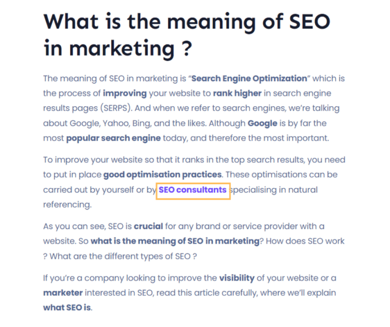 Example of internal linking on a blog article